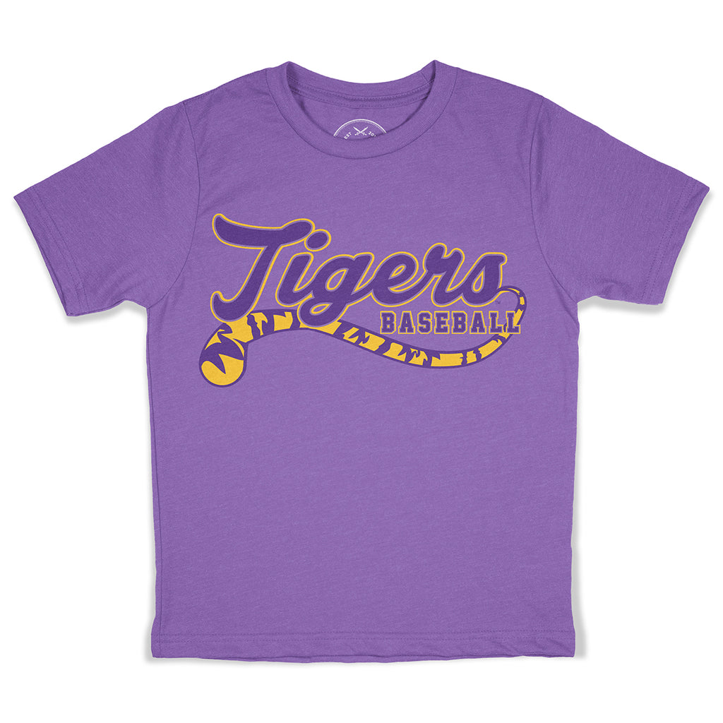 B&B Dry Goods LSU Tigers Baseball Tiger Tail Script Youth T-Shirt - Purple