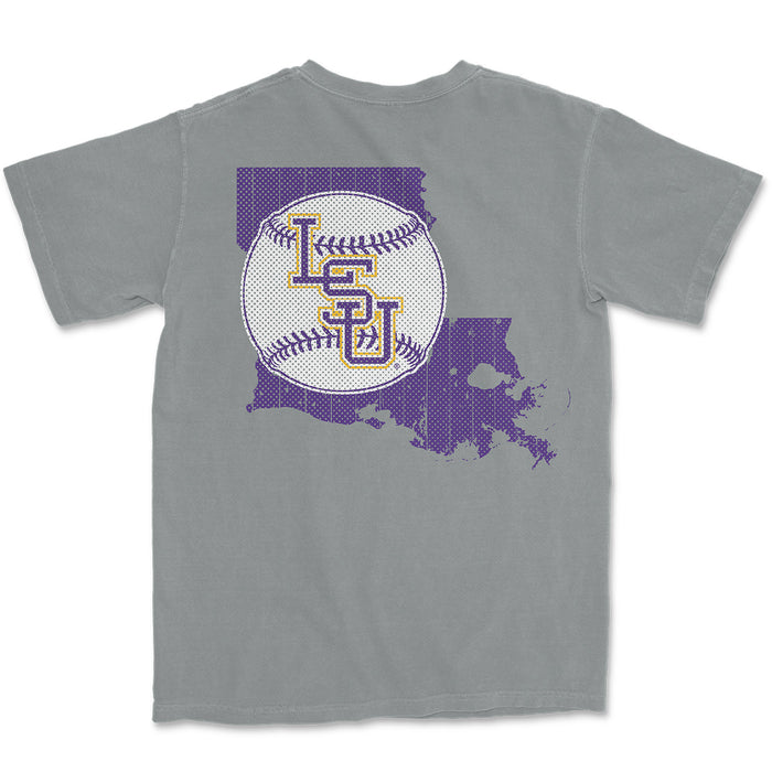 B&B Dry Goods LSU Tigers Baseball State Outline Garment Dyed T-Shirt - Granite