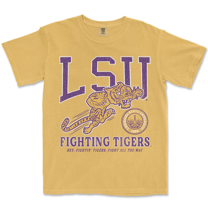 B&B Dry Goods LSU Tigers Retro Fightin' Tigers Football Garment Dyed T-Shirt - Mustard