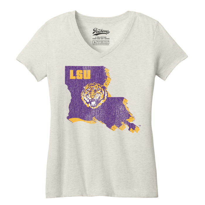 B&B Dry Goods LSU Tigers The Archives Round Vault State Women's V-Neck T-Shirt - Oatmeal