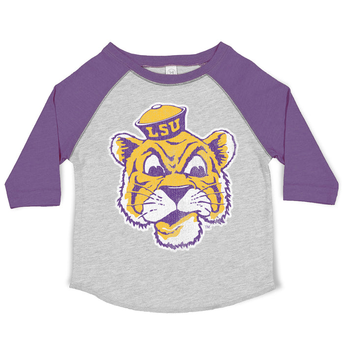 B&B Dry Goods LSU Tigers The Archives Beanie Mike Toddler 3/4 Sleeve Raglan T-Shirt - Grey / Purple