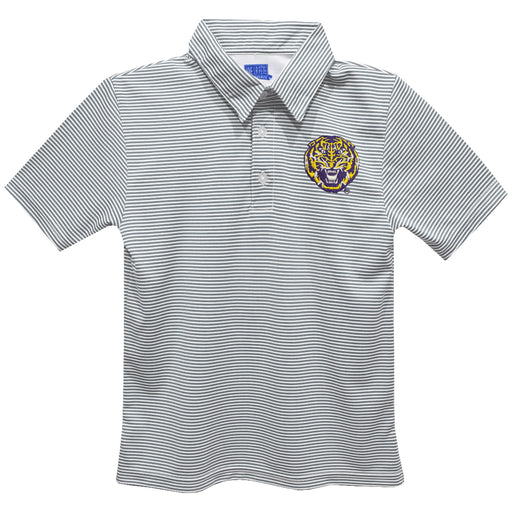 LSU Tigers Vive La Fete Tiger Head Ted Stripe Performance Kids Polo - Grey / White