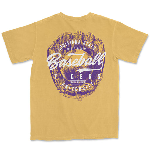 LSU Tigers Baseball Glove Overlay Garment Dyed T-Shirt - Mustard