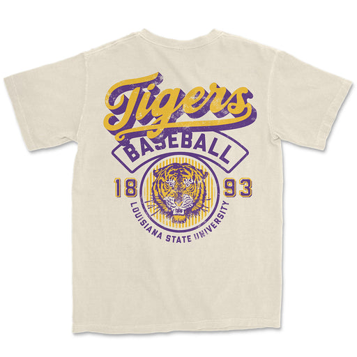 LSU Tigers Baseball Vintage Script Stripes Garment Dyed T-Shirt - Ivory