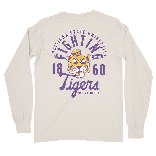 LSU Tigers Beanie Mike Mascot Overlay Garment Dyed Long Sleeve T-Shirt - Ivory