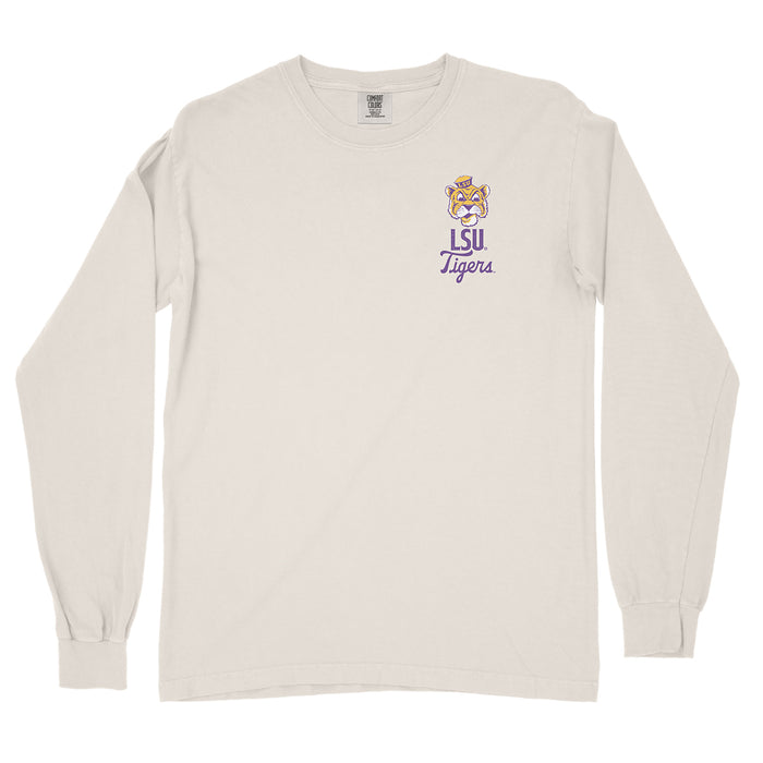 LSU Tigers Beanie Mike Mascot Overlay Garment Dyed Long Sleeve T-Shirt - Ivory