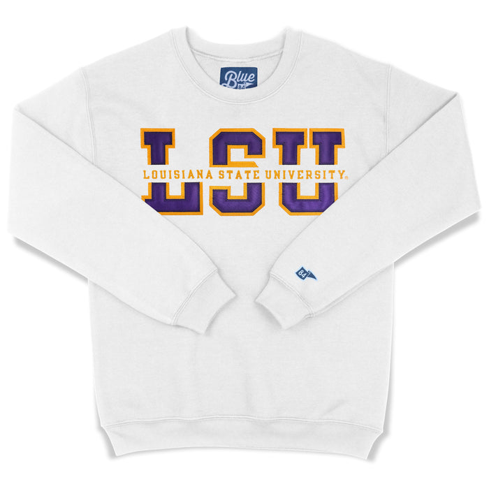 LSU Tigers Blue 84 Top Level Split Applique Fleece Crewneck Sweatshirt - White