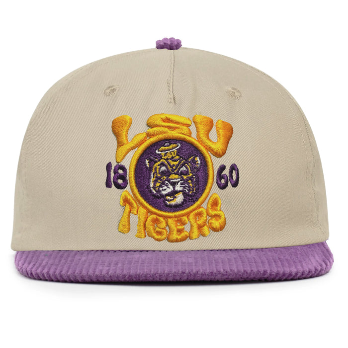 LSU Tigers Image One Beanie Mike Groovy Five Panel Snapback Twill Corduroy Hat - Ivory / Purple