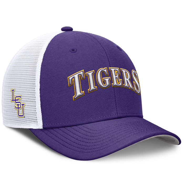 LSU Tigers Nike On-Field Baseball Coaches Tigers Arch Rise Trucker Hat - Purple