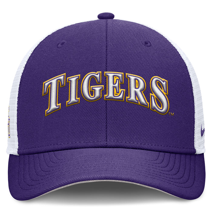 LSU Tigers Nike On-Field Baseball Coaches Tigers Arch Rise Trucker Hat - Purple