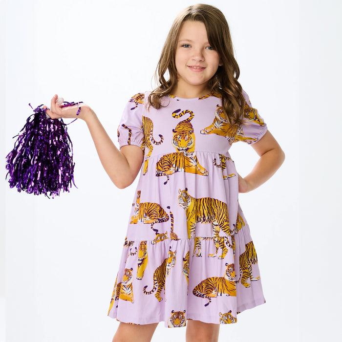 LSU Tigers Stewart Simmons Tiger Print Tierd Youth Dress - Purple