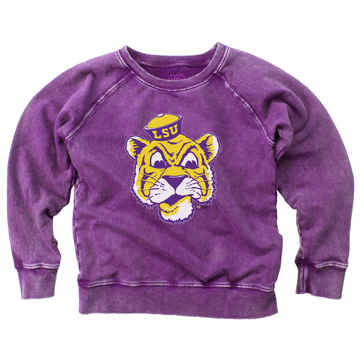 LSU Tigers Wes & Willy Beanie Mike Faded Wash Kids Fleece Crewneck - Grape