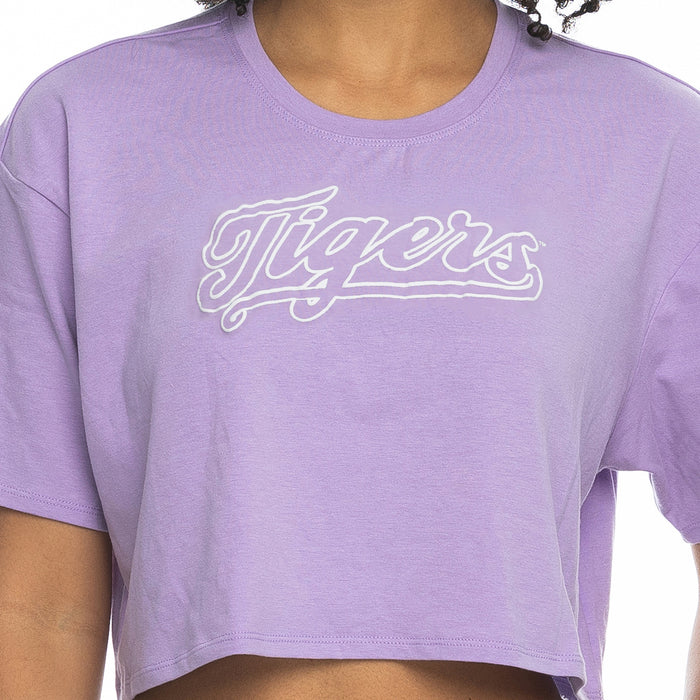 LSU Tigers ZooZatZ Women's Tigers Script Puff Ink Boxy Crop T-Shirt - Lavender