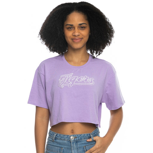 LSU Tigers ZooZatZ Women's Tigers Script Puff Ink Boxy Crop T-Shirt - Lavender