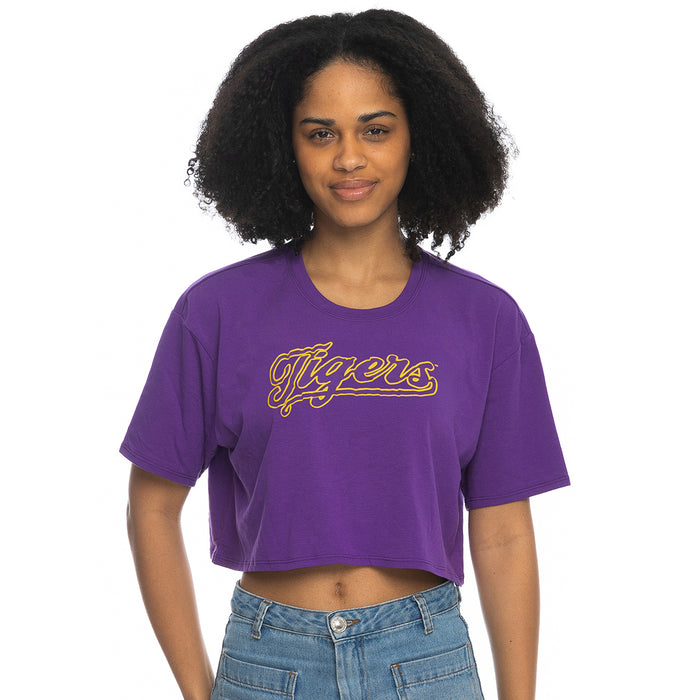 LSU Tigers ZooZatZ Women's Tigers Script Puff Ink Boxy Crop T-Shirt - Purple