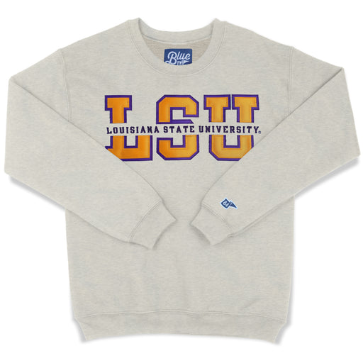 LSU Tigers Blue 84 Top Level Split Applique Fleece Crewneck Sweatshirt - Oatmeal