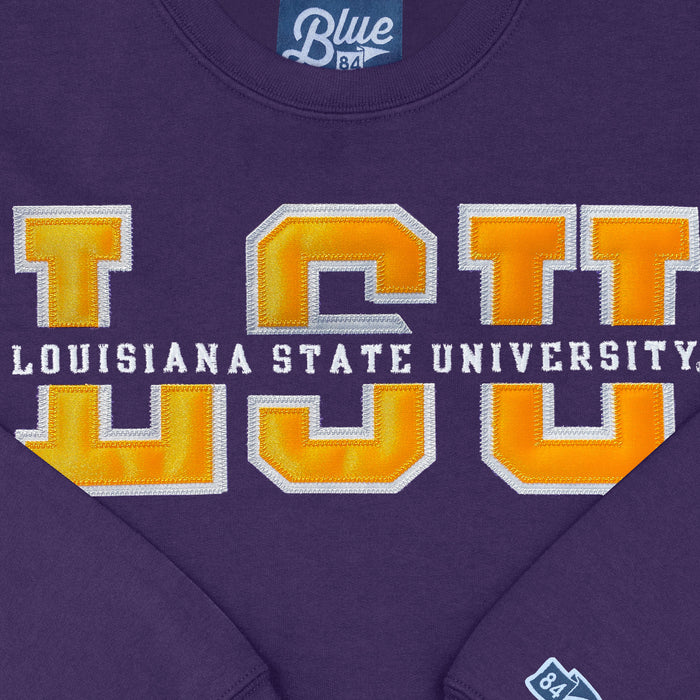 LSU Tigers Blue 84 Top Level Split Applique Fleece Crewneck Sweatshirt - Purple