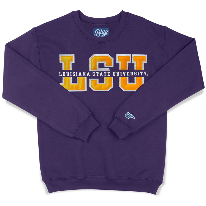 LSU Tigers Blue 84 Top Level Split Applique Fleece Crewneck Sweatshirt - Purple